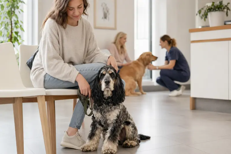 Ein American Cocker Spaniel sitzt neben seinem Besitzer in einer modernen Tierarztpraxis und wartet in ruhiger Atmosphäre.